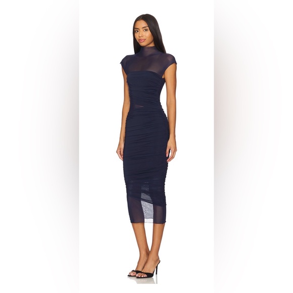 Seroya “Tabitha” Mesh Ruched Midi Dress – Navy – Size S- Retail $350 - Picture 3 of 5